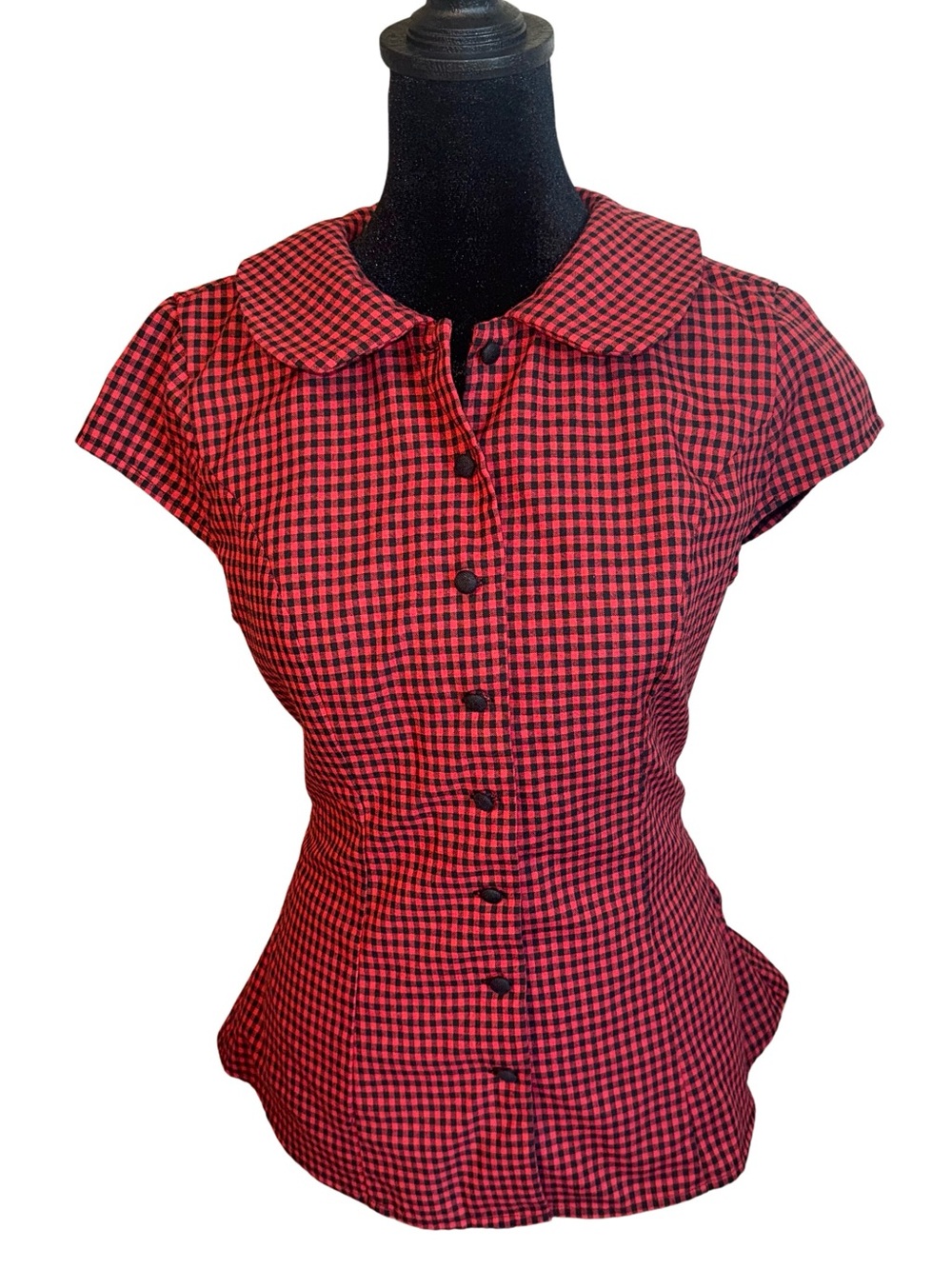 Linen Cotton Blend Alt Red and Black Gingham Cap Sleeve Button Front boutique SM
